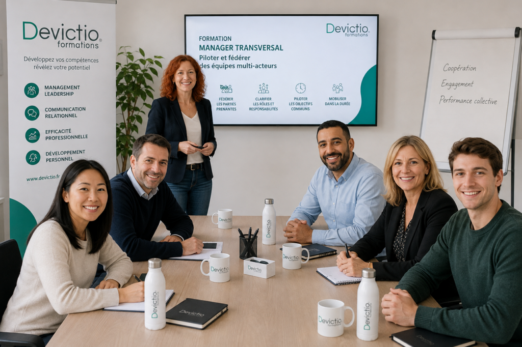 À Lyon, la formation Manager Transversal de Devictio vous apporte des méthodes concrètes pour coordonner, fédérer et mobiliser efficacement des équipes multi-acteurs. Grâce à une pédagogie pratique et des mises en situation professionnelles, vous développez des compétences directement applicables à vos projets transversaux.