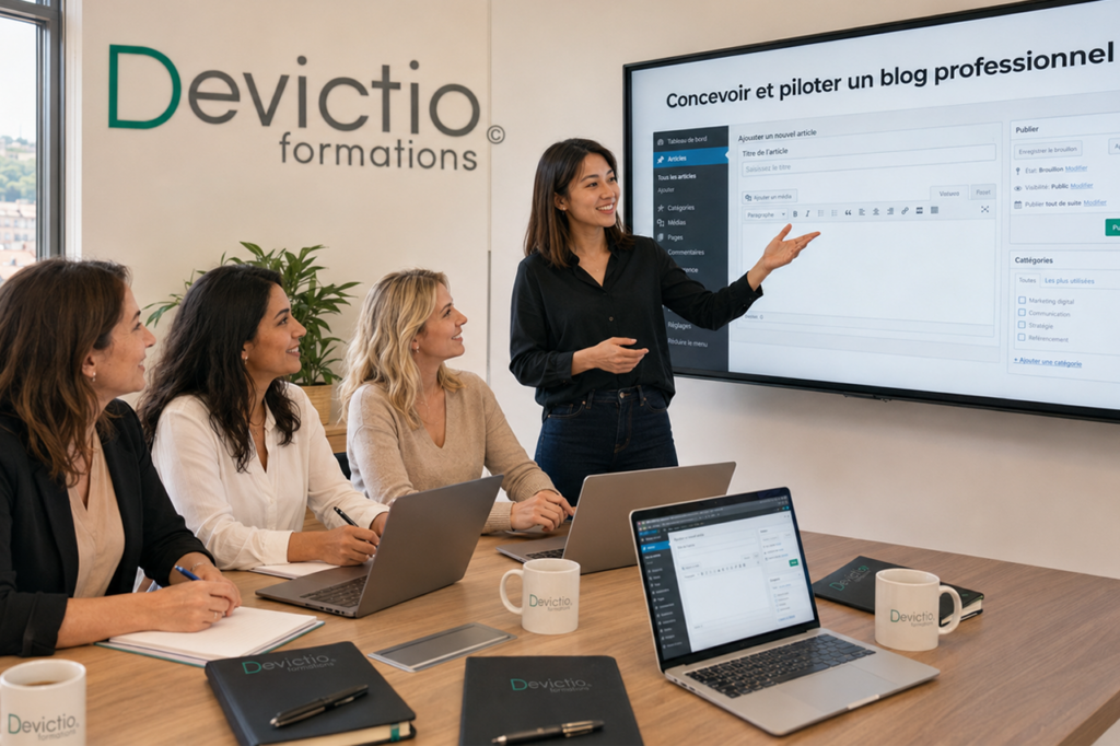 Apprenez à concevoir et à piloter un blog professionnel capable de renforcer votre visibilité et de soutenir vos objectifs de communication. Cette formation pratique vous accompagne dans la définition de votre stratégie éditoriale, la création de contenus pertinents et le suivi des performances de votre blog. Dispensée en présentiel à Lyon, elle vous permet de travailler concrètement sur votre projet aux côtés d’un formateur expérimenté.