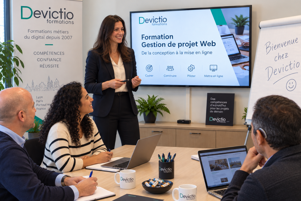 Avec notre Formation Gestion de projet Web – De la conception à la mise en ligne, vos collaborateurs acquièrent les méthodes indispensables pour cadrer les besoins, coordonner les intervenants et suivre efficacement la réalisation d’un site. Cette formation, à suivre sur Lyon en présentiel, vous apportera une compétence stratégique indispensable pour permettre à votre entreprise de garder la maîtrise de ses projets digitaux.