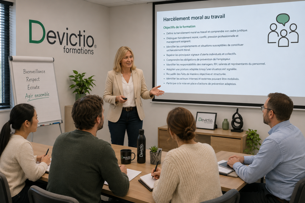 Cette formation proposée en présentiel sur Lyon ou en intra sur site vous donne les clés pour prévenir, identifier et réagir efficacement face au harcèlement moral au travail, en maîtrisant le cadre juridique et les bons réflexes. Grâce à une approche concrète et opérationnelle, vous saurez adopter la bonne posture, traiter les signalements avec objectivité et contribuer durablement à un environnement de travail respectueux et sécurisé.