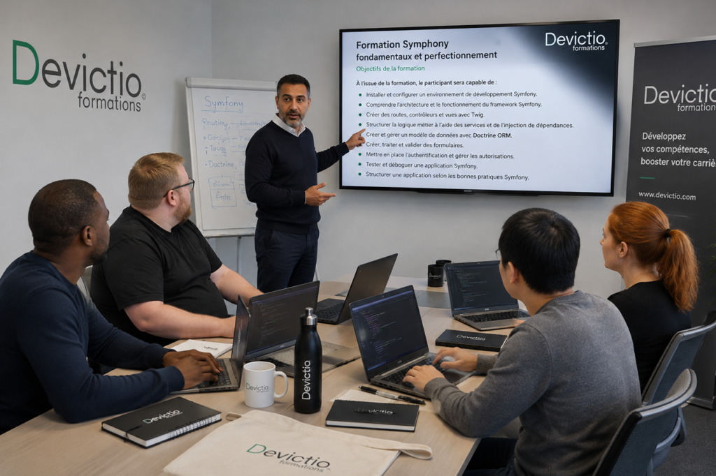 Cette session de formation Symfony chez Devictio à Lyon, alterne apports théoriques, démonstrations et exercices pratiques pour permettre aux participants de développer des compétences directement applicables en entreprise. En petit groupe et en présentiel, les stagiaires bénéficient d’un accompagnement personnalisé du formateur pour progresser des fondamentaux jusqu’aux bonnes pratiques du framework Symfony.