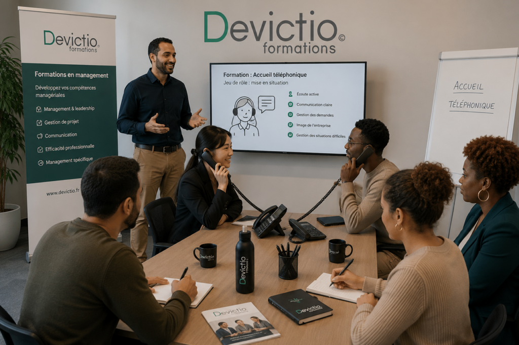 Chaque appel contribue à l’image que clients, partenaires ou usagers se font de votre entreprise. La Formation Accueil Téléphonique à Lyon proposée par Devictio, permet aux collaborateurs d’adopter une communication professionnelle, claire et accueillante dès les premières secondes.