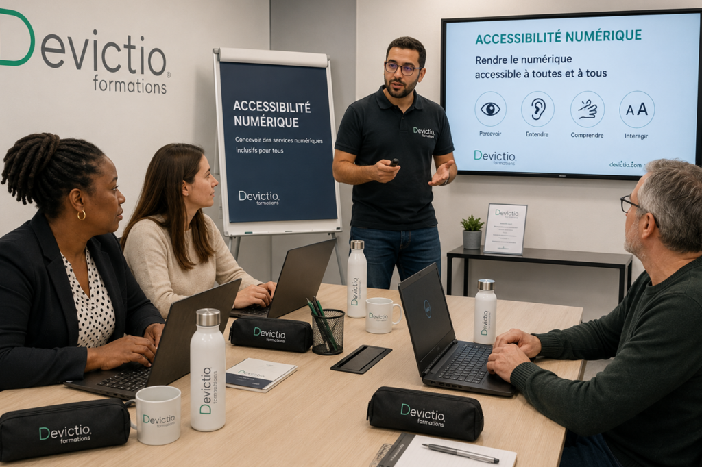Chez Devictio à Lyon, cette formation en présentiel vous apprend à concevoir et publier des contenus numériques accessibles, conformes aux exigences du RGAA et aux bonnes pratiques d&rsquo;accessibilité. Grâce à des ateliers pratiques sur vos propres outils, vous développerez les compétences nécessaires pour créer des documents, pages web et supports inclusifs, utilisables par tous. Repartez avec des méthodes concrètes, des exemples réels et des conseils d&rsquo;experts pour intégrer durablement l&rsquo;accessibilité numérique dans vos projets.