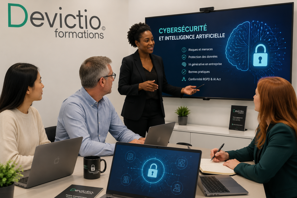 Découvrez nos Sessions de formations en Cybersécurité et Intelligence Artificielle sur Lyon : chaque participant analyse des scénarios de phishing, de deepfakes et de fuites de données provoquées par une mauvaise utilisation de l’intelligence artificielle générative.