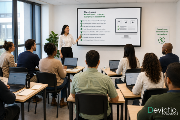 Depuis 2007, Devictio, votre Centre de formation basé à Lyon, accompagne les entreprises avec des formations intra-entreprise sur site alliant expertise, pédagogie et mises en pratique adaptées à vos métiers. En réalisant la formation directement dans vos locaux, vos équipes montent rapidement en compétences sur la production de contenus numériques accessibles, tout en travaillant sur leurs propres outils et documents. Choisir Devictio, c’est investir dans une formation sur mesure, efficace et immédiatement opérationnelle pour renforcer la conformité, l’inclusion et la performance de votre entreprise.