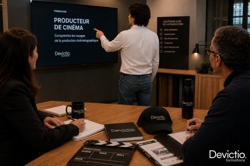 Développement, financement, préparation, tournage, postproduction, commercialisation et distribution constituent les grandes étapes de la vie d’un film. La Formation Production Cinématographique à Lyon permet de comprendre comment ces différentes phases s’articulent et quelles sont les responsabilités du producteur à chacune d’elles. Les participants acquièrent ainsi des repères professionnels pour développer et piloter plus efficacement leurs futurs projets cinématographiques.
