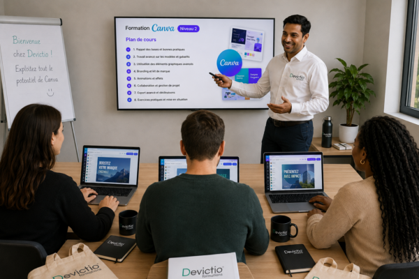 Développez votre créativité avec les formations Canva à Lyon chez Devictio, conçues pour vous permettre de créer rapidement des supports de communication professionnels et impactants. Grâce à des sessions en petits groupes, vous bénéficiez d’un accompagnement personnalisé, de nombreux exercices pratiques et des conseils directs de votre formateur. Canva Niveau 1 ou Niveau 2, progressez à votre rythme et repartez avec des méthodes concrètes immédiatement applicables dans votre activité professionnelle.