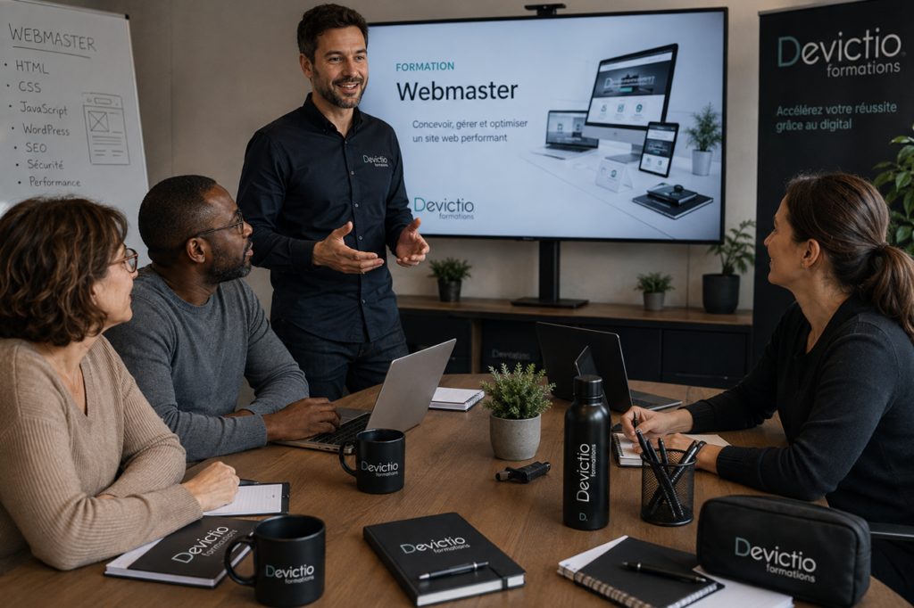 Devictio accompagne les entreprises dans le développement de leurs compétences numériques depuis 2007 et privilégie une pédagogie fondée sur la pratique et les situations professionnelles. La formation Webmaster permet d’acquérir une vision globale de la gestion d’un site : création de contenus, WordPress, personnalisation, maintenance, sécurité, performances et référencement. L’objectif est de rendre les participants capables de prendre en charge les principales opérations nécessaires au bon fonctionnement de leur site professionnel.