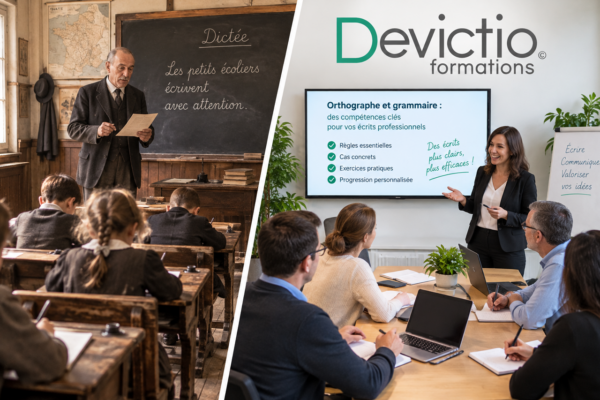 Devictio, centre de formation professionnelle à Lyon depuis 2007, accompagne les salariés souhaitant améliorer la qualité de leurs écrits. Proposées en présentiel, à distance ou en intra-entreprise, nos formations en orthographe et grammaire associent exigence pédagogique, pratique intensive et suivi personnalisé.