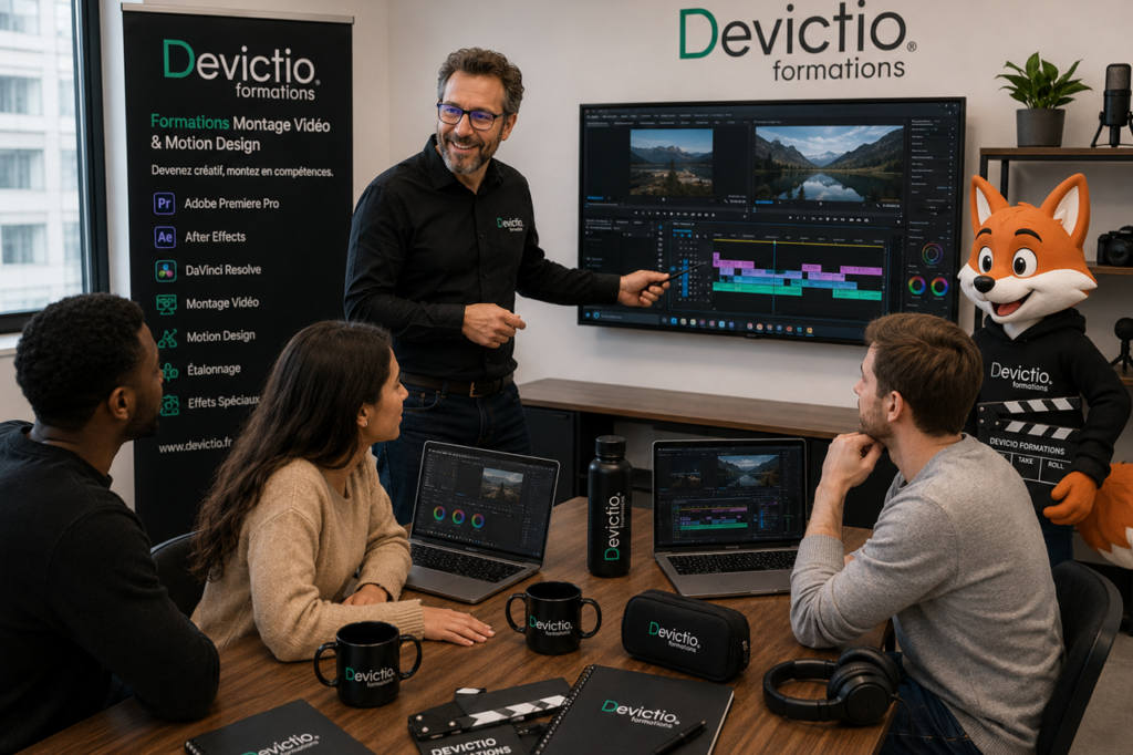 Devictio, organisme de formation professionnelle à Lyon depuis 2007, propose un parcours de 8 jours associant montage vidéo, postproduction, After Effects et Motion Design. La formation privilégie la pratique afin d’apprendre à réaliser des vidéos intégrant titres animés, habillages graphiques, effets visuels et animations. Les participants développent ainsi une maîtrise plus globale de la création et de la postproduction vidéo.