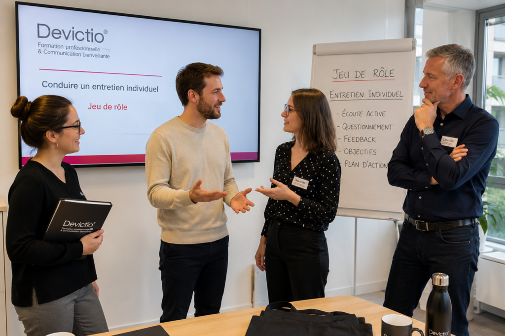 Formation Conduire un Entretien Individuel : Cette formation proposée en présentiel sur Lyon s&rsquo;adresse aux aux managers, responsables d&rsquo;équipe, dirigeants, responsables RH et toute personne amenée à réaliser des entretiens individuels pour son entreprise.