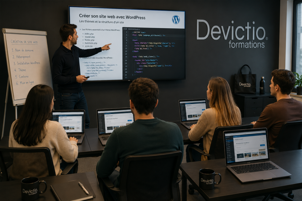 Formation Création Site Internet : Nos formations en création de site internet à Lyon privilégient la pratique afin de vous permettre de concevoir un site vitrine ou e-commerce avec les principaux outils du marché, tout en maîtrisant les bonnes pratiques du référencement naturel (SEO).