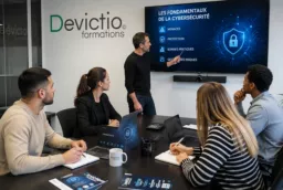 Formation Cybersécurité Entreprise à Lyon : Plusieurs stagiaires analysent les risques informatiques, les ransomwares et les techniques de phishing durant leur formation animée par un expert Devictio.