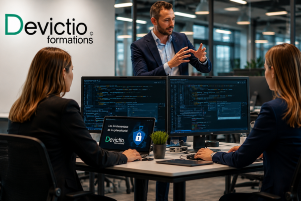 Formation cybersécurité organisée par Devictio à Lyon. Un formateur présente les fondamentaux de la sécurité des systèmes d’information devant un groupe de professionnels découvrant les bonnes pratiques de protection contre les cyberattaques.