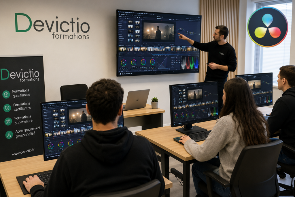 Formation DaVinci Resolve complète en présentiel à Lyon : Notre formation complète sur DaVinci Resolve permet de maîtriser l’ensemble du workflow de postproduction, du montage vidéo à l’étalonnage professionnel. Vous développez des compétences immédiatement opérationnelles pour produire des vidéos de qualité, adaptées au web, aux réseaux sociaux, à l’entreprise ou à l’audiovisuel. Grâce à une pédagogie axée sur la pratique, vous réalisez un projet complet et gagnez en autonomie sur le logiciel de référence de Blackmagic Design.