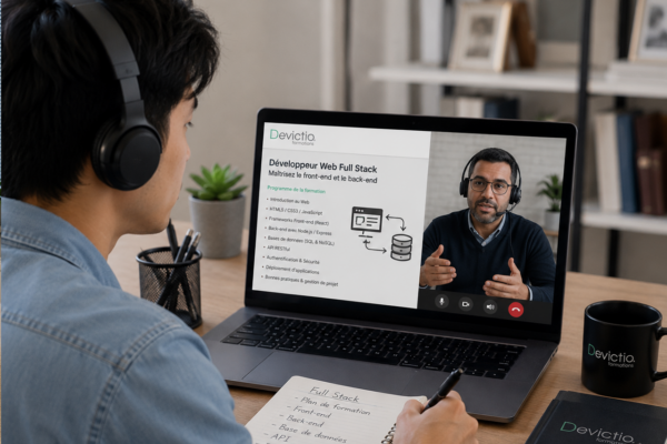 Formation Développeur Web Full Stack PHP en distanciel : La formation Développeur Web Full Stack PHP en distanciel chez Devictio offre la même qualité pédagogique qu’en présentiel, avec des séances en visioconférence animées en direct par un formateur expérimenté. Les démonstrations, les exercices pratiques et le suivi individualisé permettent d’acquérir des compétences techniques solides tout en restant à votre domicile ou dans votre entreprise. Cette formule flexible vous permet de concilier formation, activité professionnelle et contraintes personnelles sans renoncer à un accompagnement de qualité.