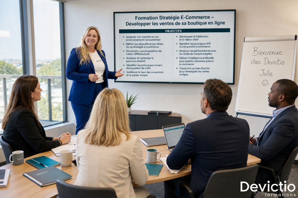 Formation E-Commerce Lyon : Notre Formation E-Commerce – Créer et optimiser sa boutique en ligne permet aux débutants de devenir autonomes avec WordPress et WooCommerce. Durant cette formation en présentiel et en petit groupe, les participants apprennent à construire leur boutique, gérer leurs produits et commandes et optimiser leur site pour le SEO et la conversion.