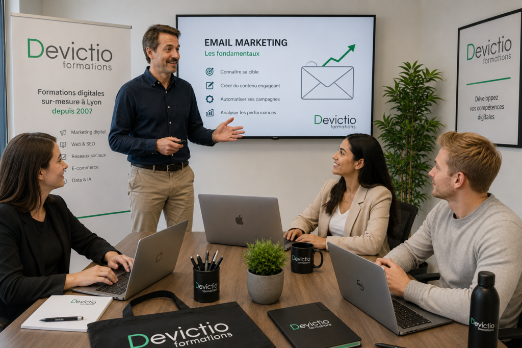 Formation Email Marketing et Marketing Automation : Développez vos compétences grâce à notre formation Email Marketing en présentiel à Lyon, conçue pour apprendre à créer des campagnes emailing performantes, automatiser votre communication et améliorer vos taux de conversion. Animée par un expert du marketing digital, cette formation allie apports théoriques, études de cas et ateliers pratiques pour vous rendre rapidement opérationnel sur les principaux outils d’email marketing. Rejoignez notre centre de formation à Lyon et maîtrisez les meilleures pratiques de l’email marketing, du marketing automation, de la délivrabilité et de la segmentation pour développer durablement votre activité.