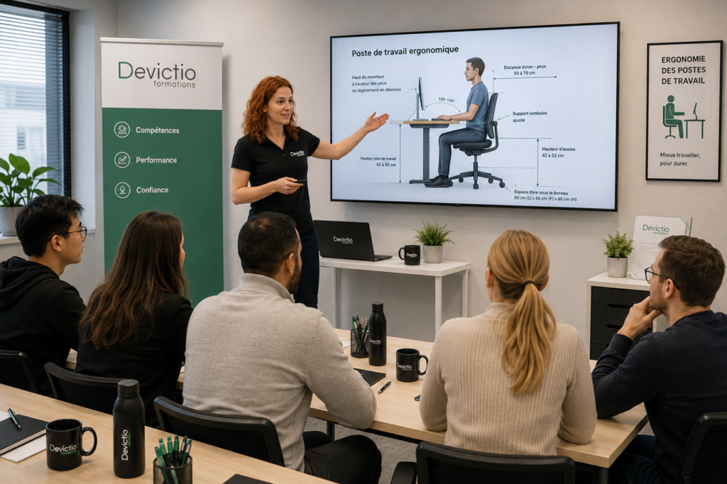 Formation Ergonomie des postes de travail à Lyon : Apprenez à analyser et régler efficacement un poste de travail. Siège, écran, clavier, souris, éclairage et organisation du bureau sont étudiés à travers des exercices directement applicables en entreprise.