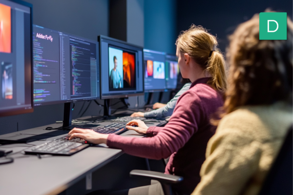 Formation Firefly Adobe à Lyon : des participants découvrent les fonctionnalités IA du logiciel, écran affichant une création en cours de modification.