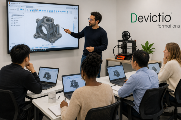 Formation Fusion 360 en Présentiel : apprenez à concevoir des pièces mécaniques en 3D, créer des assemblages, préparer l’impression 3D et l’usinage CNC avec Autodesk Fusion. Formation pratique en présentiel chez Devictio, votre organisme de formation sur Lyon.