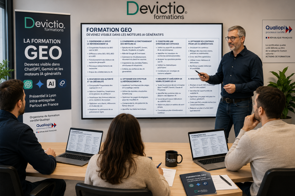 Formation GEO Lyon : Optimisez votre visibilité dans ChatGPT, Gemini et Google AI Overviews avec notre formation dispensée en présentiel.