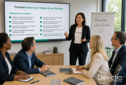 Formation Gérer son Temps et ses Priorités Lyon : mieux organiser son activité permet aux collaborateurs de se concentrer sur les missions réellement importantes pour l’entreprise. Devictio privilégie une pédagogie pratique pour apprendre à prioriser, planifier et gérer plus efficacement les imprévus du quotidien.