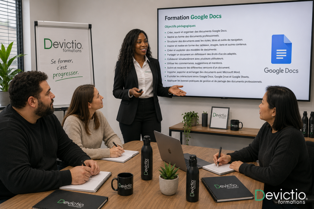 Formation Google Docs : gagnez du temps dans la création, le partage et la gestion de vos documents professionnels avec Google Docs. À Lyon, Devictio privilégie depuis 2007 des formations en présentiel et en petits groupes pour permettre à chacun de progresser concrètement selon ses besoins.
