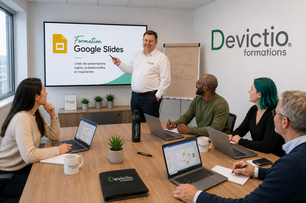 Formation Google Slides à Lyon : Créez des présentations qui font la différence ! Apprenez à concevoir des présentations Google Slides claires, professionnelles et impactantes. Structurez vos idées et valorisez vos messages grâce à des supports visuels efficaces.