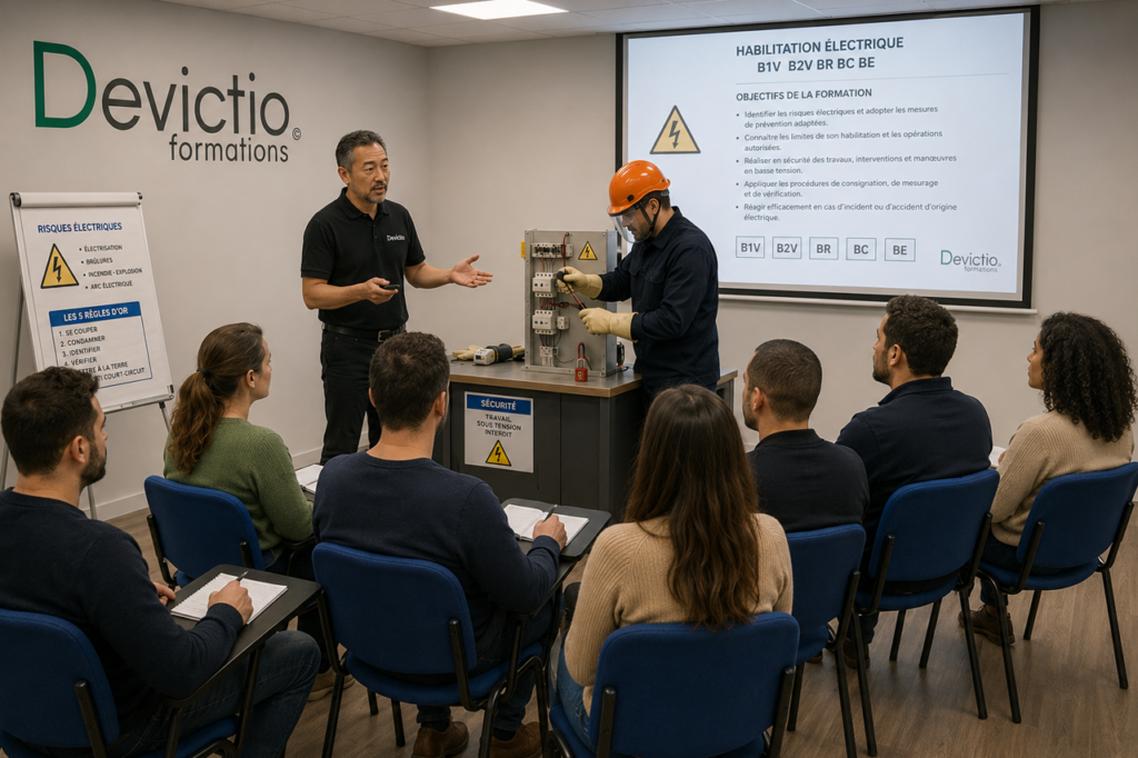 Formation Habilitation électrique basse tension pour électricien Lyon : Renforcez la sécurité de vos électriciens face aux risques liés aux installations électriques. Les habilitations B1V, B2V, BR, BC et BE permettent à chaque professionnel d’acquérir les méthodes de prévention adaptées aux opérations qu’il est amené à réaliser.