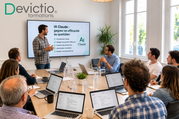 Formation IA Claude Lyon : Intégrez durablement l’IA Claude dans vos processus de travail et développerez une méthodologie pour choisir les bons outils, concevoir des prompts efficaces et automatiser certaines missions à faible valeur ajoutée.