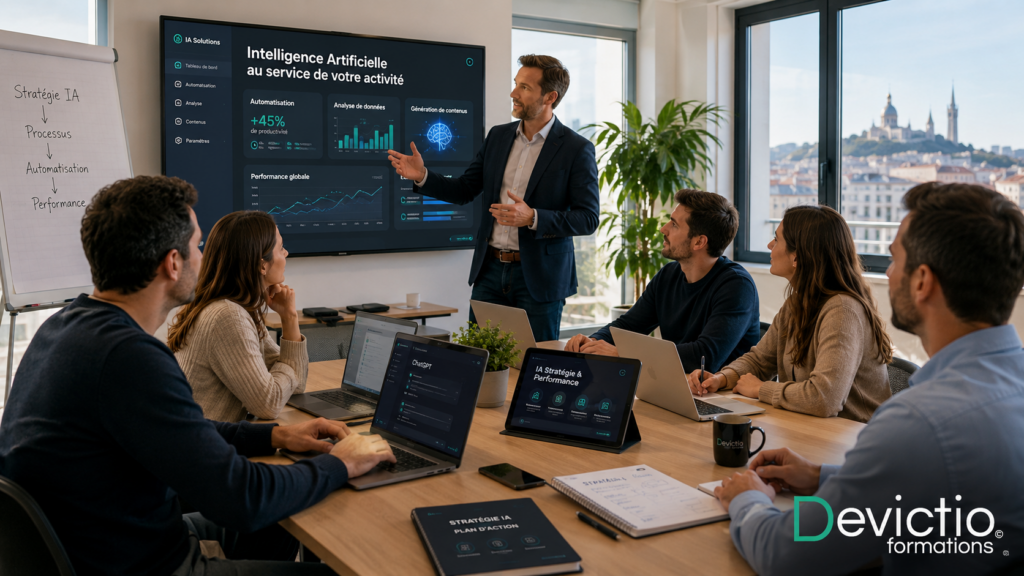Formation IA CPF certifiante à Lyon pour dirigeants et entrepreneurs souhaitant intégrer l&rsquo;intelligence artificielle dans leur activité.