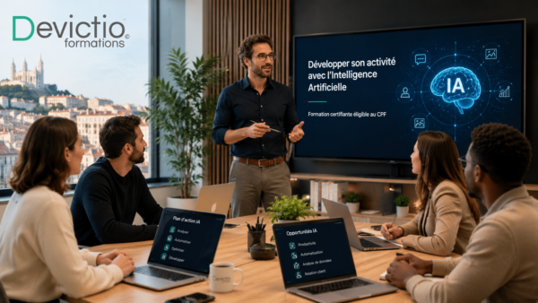 Formation IA CPF en présentiel à Lyon : un formateur expert vous accompagne dans la découverte et l’intégration concrète des outils d’intelligence artificielle au sein de votre activité.
