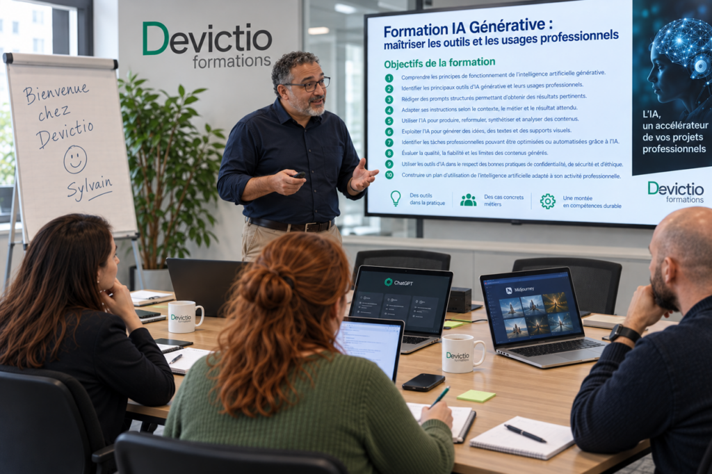 Formation IA Générative : dispensée sur Lyon en présentiel et en petits groupes, elle vous permet d’expérimenter concrètement les outils d’intelligence artificielle pour les appliquer rapidement à votre activité professionnelle.