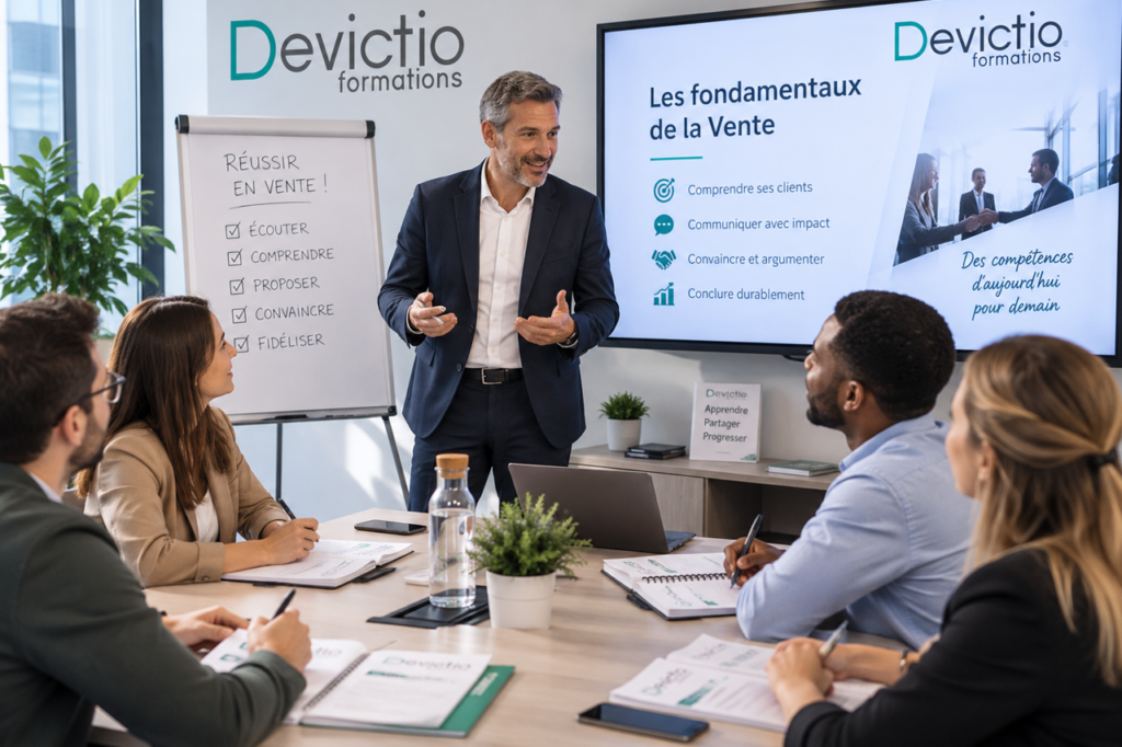 Formation Les Fondamentaux de la Vente à Lyon : acquérez les méthodes essentielles pour préparer vos rendez-vous, découvrir les besoins de vos clients, argumenter efficacement et traiter les objections. Grâce à une approche pratique et des mises en situation, développez les bons réflexes commerciaux pour gagner en assurance, convaincre et conclure vos ventes avec méthode.