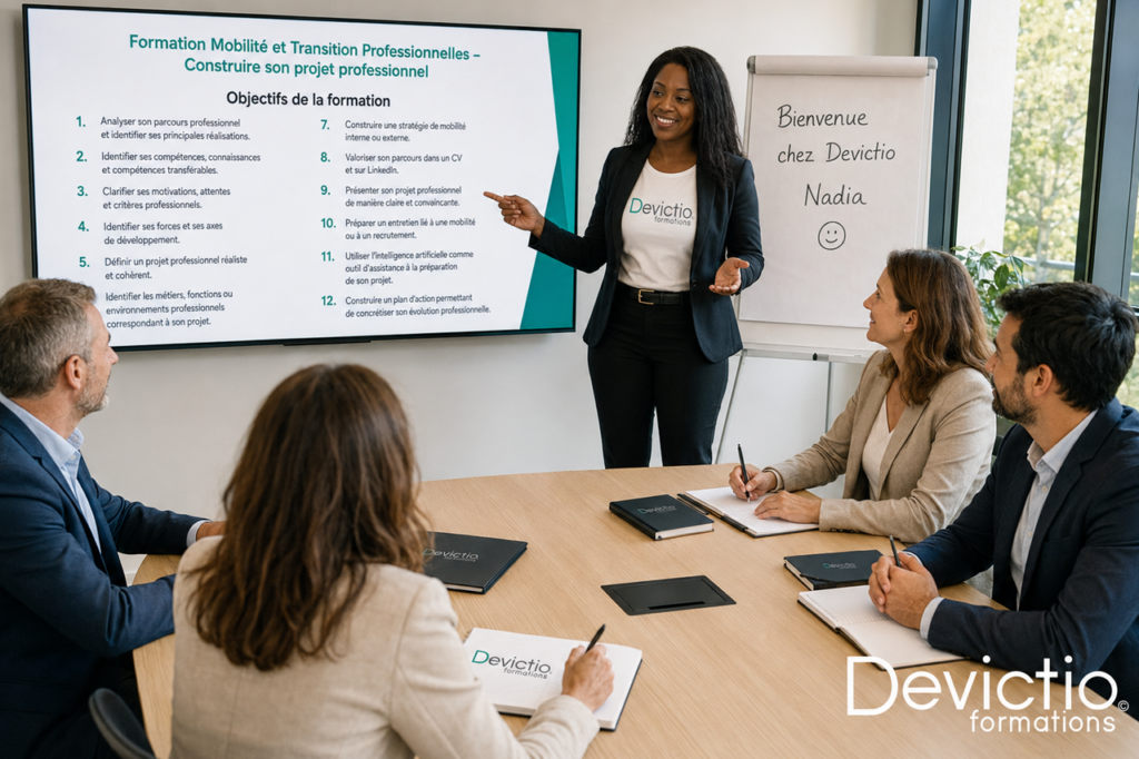 Formation Mobilité & Transition Professionnelles : accompagner les collaborateurs dans leur évolution permet à l’entreprise de mieux gérer les mobilités internes, les repositionnements et les périodes de transition. La formation Devictio aide chaque participant à identifier ses compétences, clarifier ses objectifs et construire un plan d’action concret.