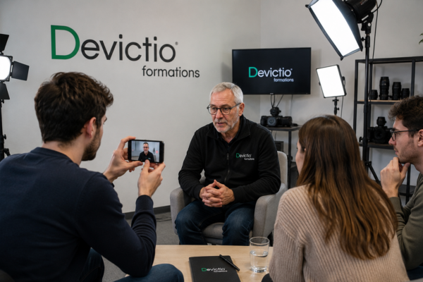 Formation Réaliser une interview professionnelle : un stagiaire s’entraîne à réaliser une interview professionnelle avec son smartphone tandis que les autres participants observent et analysent les techniques de cadrage, de prise de vue et de prise de son. Depuis 2007, votre organisme de formation à Lyon vous accompagne dans le développement de vos compétences en vidéo, avec des formations pratiques en présentiel et en petit groupe.