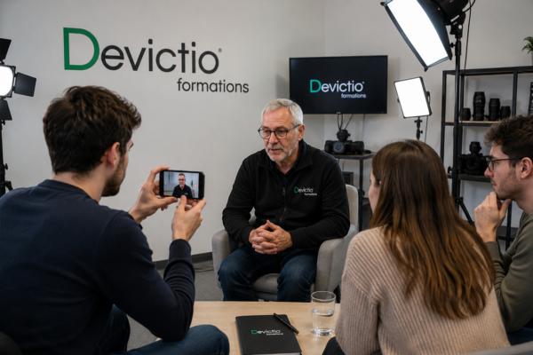 Formation réaliser une interview professionnelle : un stagiaire s’entraine à réaliser une interview professionnelle avec son smartphone tandis que les autres participants observent les techniques de prise de vue vidéo. Depuis 2007, votre organisme de formation sur Lyon vous propose ses formations vidéo.