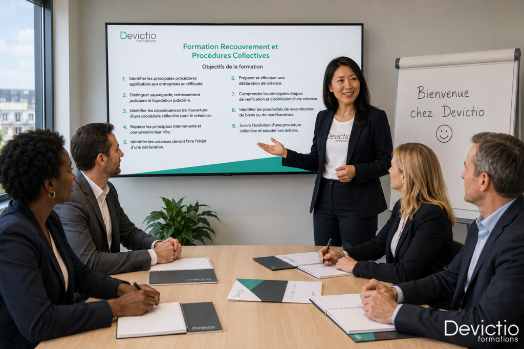 Formation recouvrement dans le cadre d&rsquo;une procédure collective : connaître les démarches et les délais à respecter est essentiel pour défendre efficacement les intérêts de l’entreprise créancière. Devictio vous apprend à identifier les bons interlocuteurs, constituer votre dossier et suivre votre créance tout au long de la procédure. Formation en présentiel sur Lyon ou intra sur site.