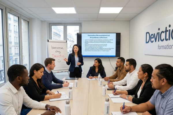 Formation recouvrement et procédures collectives en présentiel : l’analyse de cas concrets facilite la compréhension de procédures juridiques qui peuvent rapidement devenir complexes. Chez Devictio, les échanges directs avec le formateur permettent de travailler sur la déclaration de créance et les situations réellement rencontrées par les entreprises.