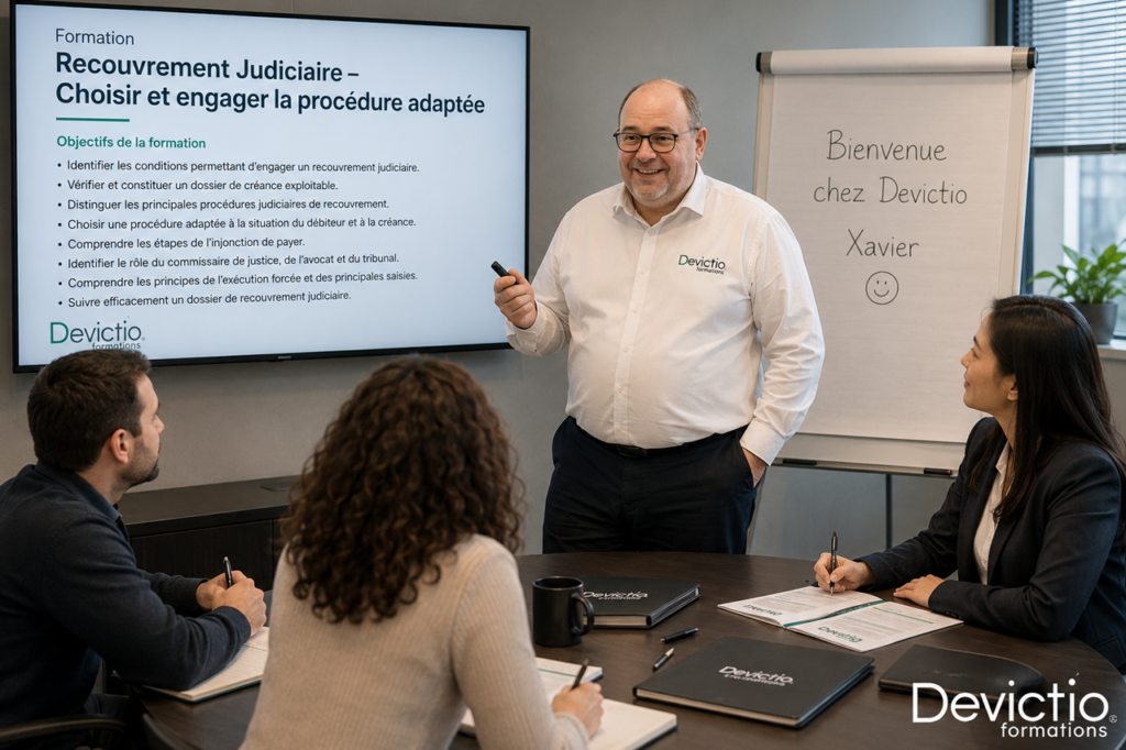 Formation Recouvrement Judiciaire Lyon : maîtriser les procédures de recouvrement est essentiel pour limiter l’impact des impayés sur la trésorerie de l’entreprise. Devictio vous apprend à choisir entre injonction de payer, référé ou procédure au fond et à suivre efficacement votre dossier contentieux.
