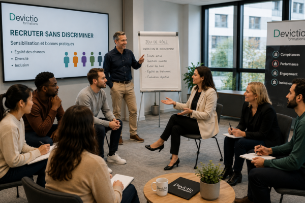Formation Recruter sans discriminer intra-entreprise : sensibilisez vos managers et équipes RH au sein de vos locaux afin de diffuser une véritable culture de l’égalité des chances.