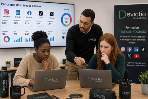 Formation Réseaux Sociaux Lyon : Suivre une formation aux réseaux sociaux chez Devictio vous permet de maîtriser les principaux leviers de communication digitale utilisés par les entreprises. Vous apprendrez à mettre en place une stratégie sociale en créant des contenus engageants, à développer votre communauté et à analyser les performances de vos publications sur les principales plateformes. Grâce à une pédagogie basée sur la pratique et des cas concrets, vous serez rapidement capable de mettre en œuvre une stratégie de communication efficace.