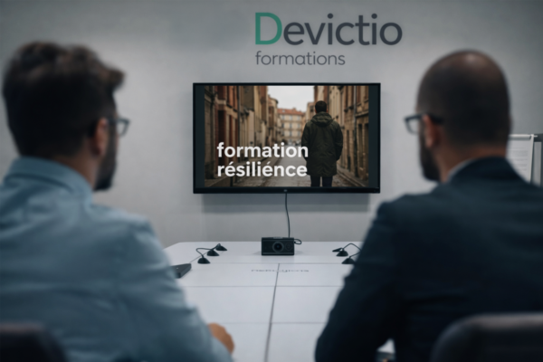 Formation Résilience : Gros plan sur deux salariés en discussion, carnet à la main, symbolisant le partage d’expérience et la construction collective lors de leur formation résilience.