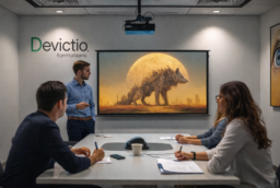 Formation Résilience Lyon : Stage animé par un formateur avec 4 à 5 participants, dans une salle moderne. Les participants échangent activement, illustrant l’apprentissage en présentiel. Formation Résilience éligible au plan entreprise (financement OPCO)