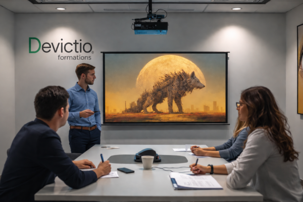 Formation Résilience Lyon : Stage animé par un formateur avec 4 à 5 participants, dans une salle moderne. Les participants échangent activement, illustrant l’apprentissage en présentiel. Formation Résilience éligible au plan entreprise (financement OPCO)