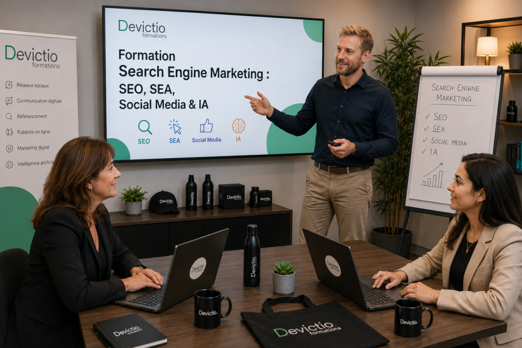 Formation Search Engine Marketing : SEO, SEA, Socal Media & IA: Développez une stratégie d’acquisition performante en maîtrisant le SEO, le SEA, les réseaux sociaux et les outils d’intelligence artificielle pour gagner en visibilité et générer des résultats concrets. Chez Devictio, la formation dispensée sur Lyon est animée par des experts du terrain qui alternent apports méthodologiques, démonstrations et ateliers pratiques sur des cas réels. Vous repartez avec des compétences immédiatement opérationnelles, des supports de cours complets et des méthodes directement applicables dans votre activité.