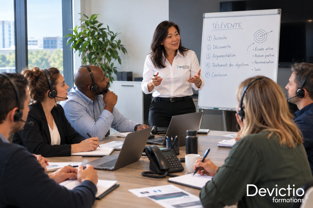**Formation Télévente Lyon :** maîtrisez les techniques de vente par téléphone pour capter l’attention, identifier les besoins et convaincre efficacement vos clients. Apprenez à construire une argumentation percutante, traiter les objections et conclure davantage de ventes à distance.