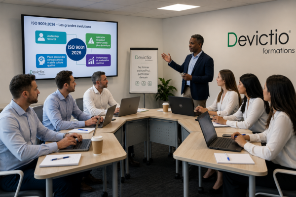 Formation Transition ISO 9001:2015 vers ISO 9001:2026 : une équipe se forme aux nouvelles exigences du Système de Management de la Qualité (SMQ) lors d’une formation Devictio, alternant théorie, études de cas et ateliers pratiques.