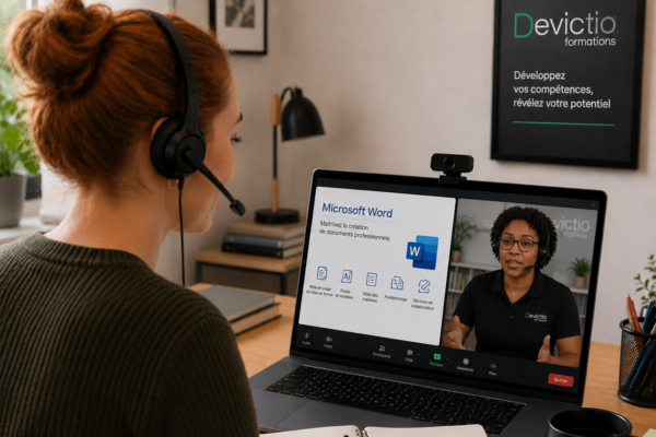 Formation Word distanciel Lyon : cette formation Word, proposée à distance par votre organisme de formation sur Lyon Devictio, vous permet d’acquérir rapidement des compétences opérationnelles sans vous déplacer, grâce à des cours en visioconférence animés en direct par un formateur expert. Vous progressez à votre rythme avec des exercices pratiques, des échanges personnalisés et un accompagnement adapté à vos besoins professionnels. Vous gagnez en efficacité pour créer, mettre en forme et automatiser vos documents Word au quotidien.
